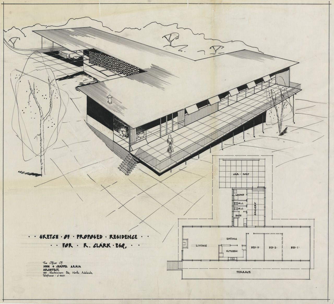 This is an architectural plan shows a house and a basic floor plan for R. Clark, designed by John S. Chappel Pty Ltd, architect. SLSA: BRG 346/2/2273/2