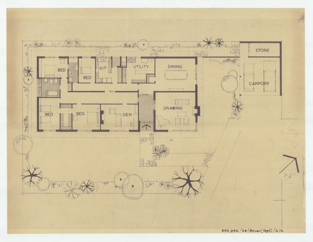 Architectural floor plan for a proposed house at Hay Court, Walkerville, featuring the dual corridors, designed by Brian Vogt, circa 1966. SLSA: BRG 346/28/BRUERVOGT/6/10