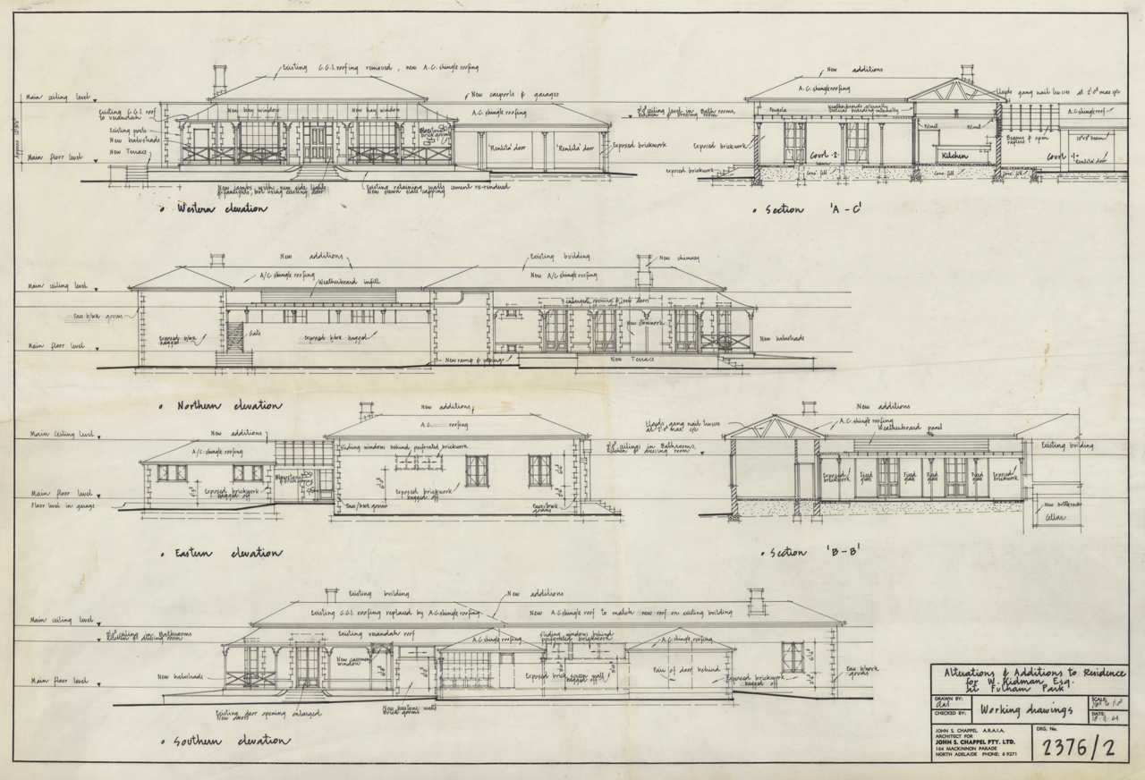 Architectural working drawings for alterations and additions to house on Fulham Park Drive, Lockleys. Designed by John S. Chappel Pty Ltd, architect, for W. Kidman. Showing Western, Nothern, Eastern and Southern elevations with alterations and section drawings. SLSA: BRG 346/2/2376/2