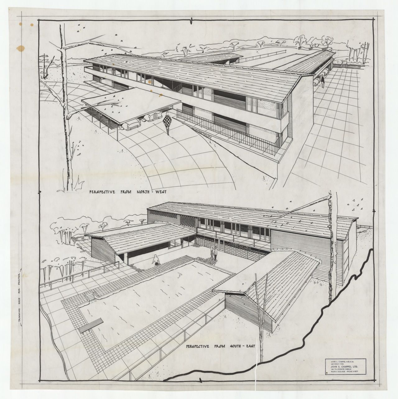 Architectural perspective plan of house on Balfour Road, Springfield. Designed by John S. Chappel Pty Ltd, architect, for A. Brown. Showing front of property as perspective drawing from North-West, and rear view with pool from the South-East, February 1962. SLSA: BRG 346/2/2244/2