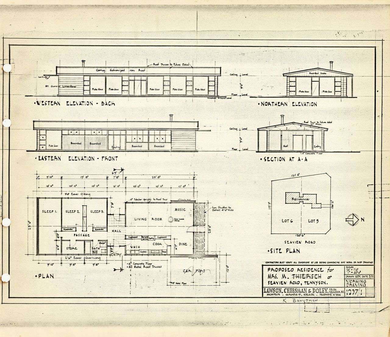 An architectural plan for a proposed house on Seaview Road, at Tennyson, which features a floor plan, site plan, elevation and section drawings. SLSA: BRG 279/3/3/1297/1