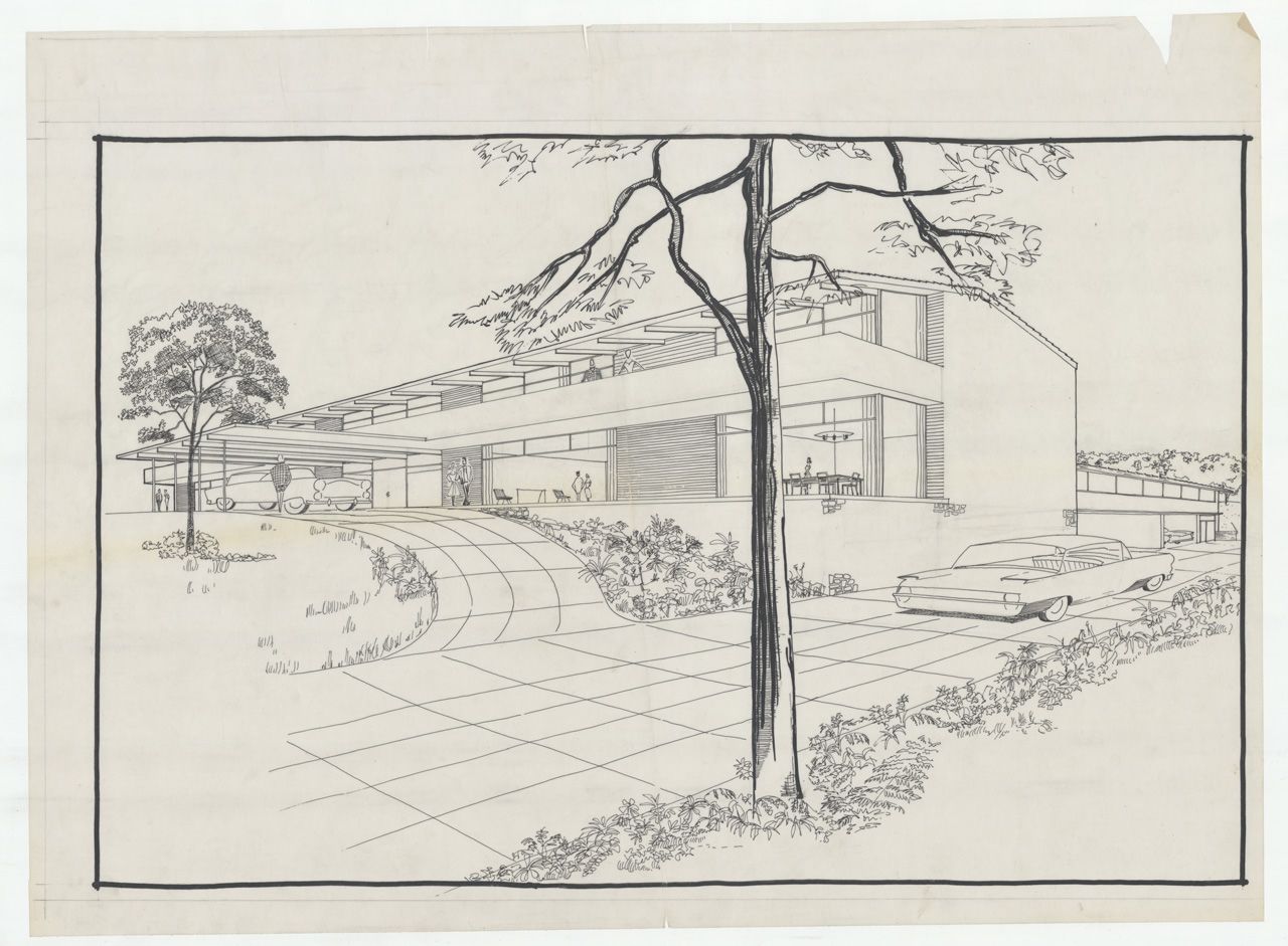 Architectural sketch of house on Balfour Road, Springfield. Designed by John S. Chappel Pty Ltd, architect, for A. Brown, February 1962. SLSA: BRG 346/2/2244/3
