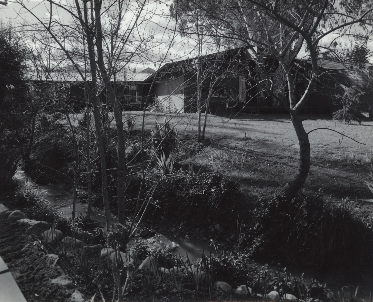 'The "garden front" which opens onto terraces overlooking the creek, has an open feeling which contrasts in character to the "entrance front". Written by John S. Chappel between 1960-70. SLSA: BRG 346/29/24/2