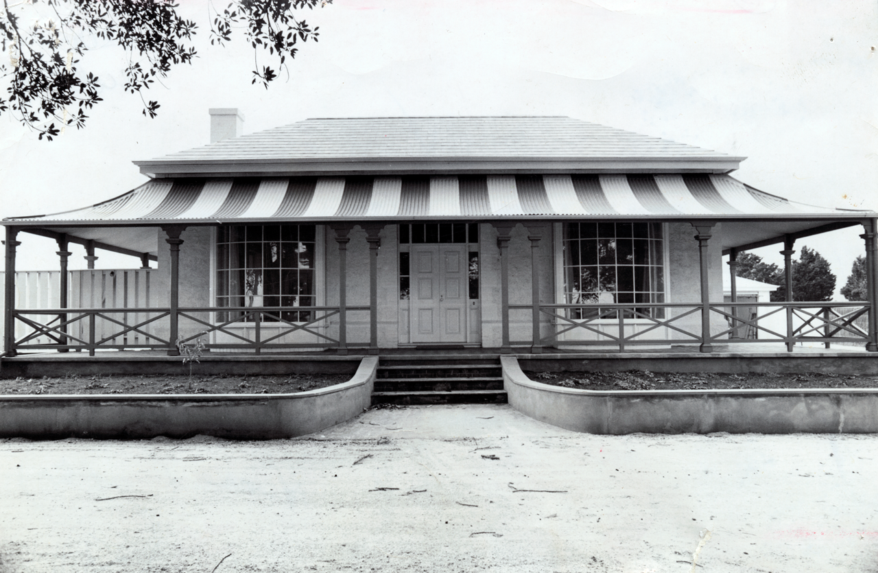 External photograph of the former Fulham Park Stud homestead on Fulham Park Drive, Lockleys, after alteration work designed by John S. Chappel Pty Ltd, architect. Front of house with bay windows. SLSA: BRG 346/29/1/10