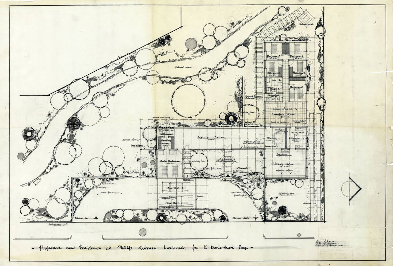 An architectural plan of house at 3 Philip Avenue, Leabrook. Designed by John S. Chappel Pty Ltd, architect, for Kym Bonython. This plan features the house, area of carports, and an area of a sculpture court. SLSA: BRG 346/2/2357/25
