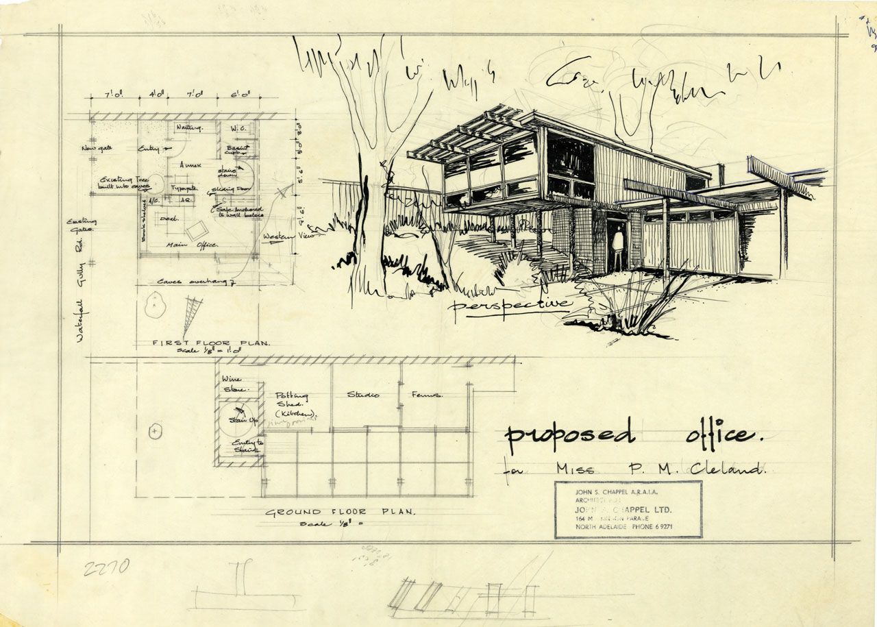 An architectural plan for the proposed office for Miss P. M. Cleland on Waterfall Gully Road. Designed by John S. Chappel Pty Ltd, architect. Showing a perspective sketch of the house and surrounds, and floor plans for the ground and first floors. Circa 1962. SLSA: BRG 346/2/2270/1