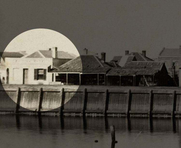 A cropped version of&nbsp;photograph&nbsp;of&nbsp;North&nbsp;Parade highlighting the British Hotel and shown as a single-storey building, taken in 1865.&nbsp;SLSA: B 5648&nbsp;