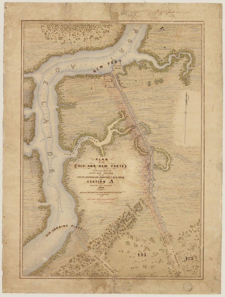 This map shows the old landing place (Port Misery) and new port at Port Adelaide, which includes the South Australia Company wharf: together with the plan and section of the South Australian Company's new road to Adelaide, 1840. SLSA: C 186  
