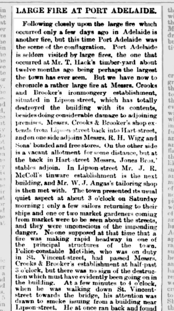 'Large fire at Port Adelaide' The South Australian Advertiser 21 December 1885. NLA: Trove