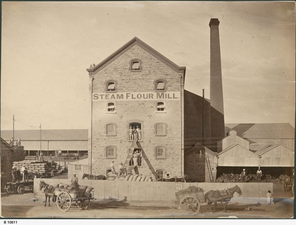Dunn's Steam Flour Mill, approximately 1872 (rebuilt after the 1855 fire), Port Adelaide. SLSA: B 10811 