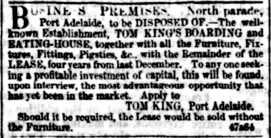 An advert in the South Australian Register newspaper dated 19 February 1855 seeking to dispose of business. South Australian Register - 19 Feb 1855 - Advertising - Trove 