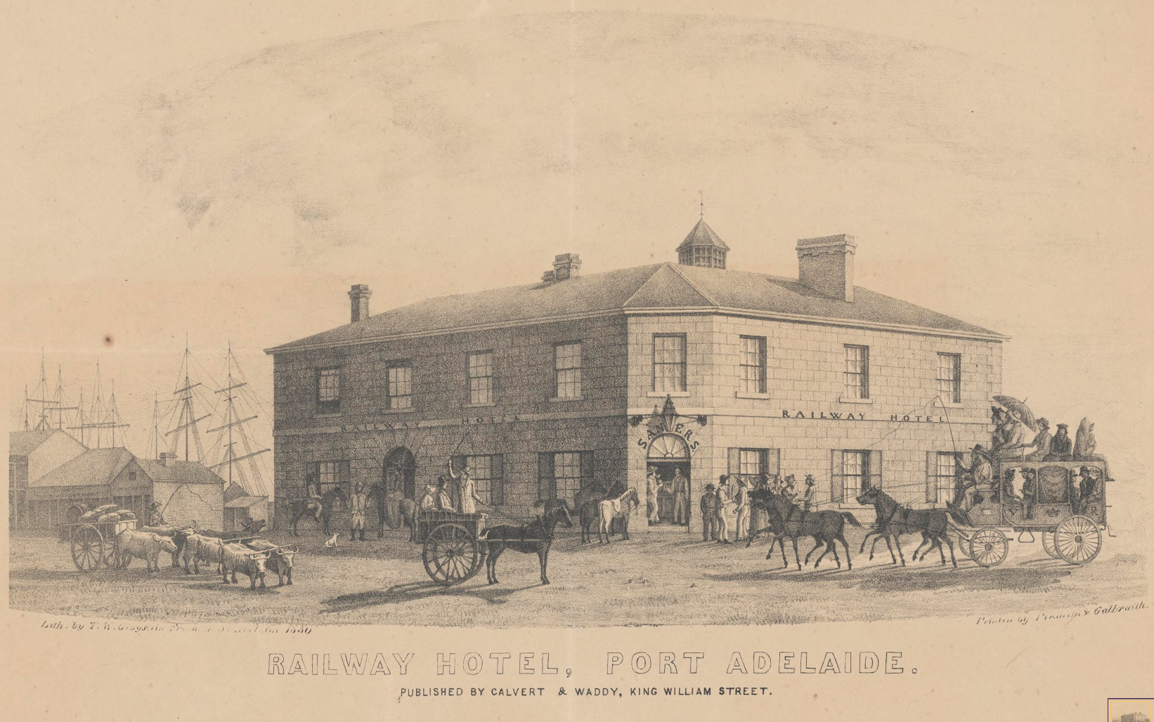 Railway Hotel, Port Adelaide. Published by Calvert & Waddy, Kind William Street. 1850. NLA: Trove