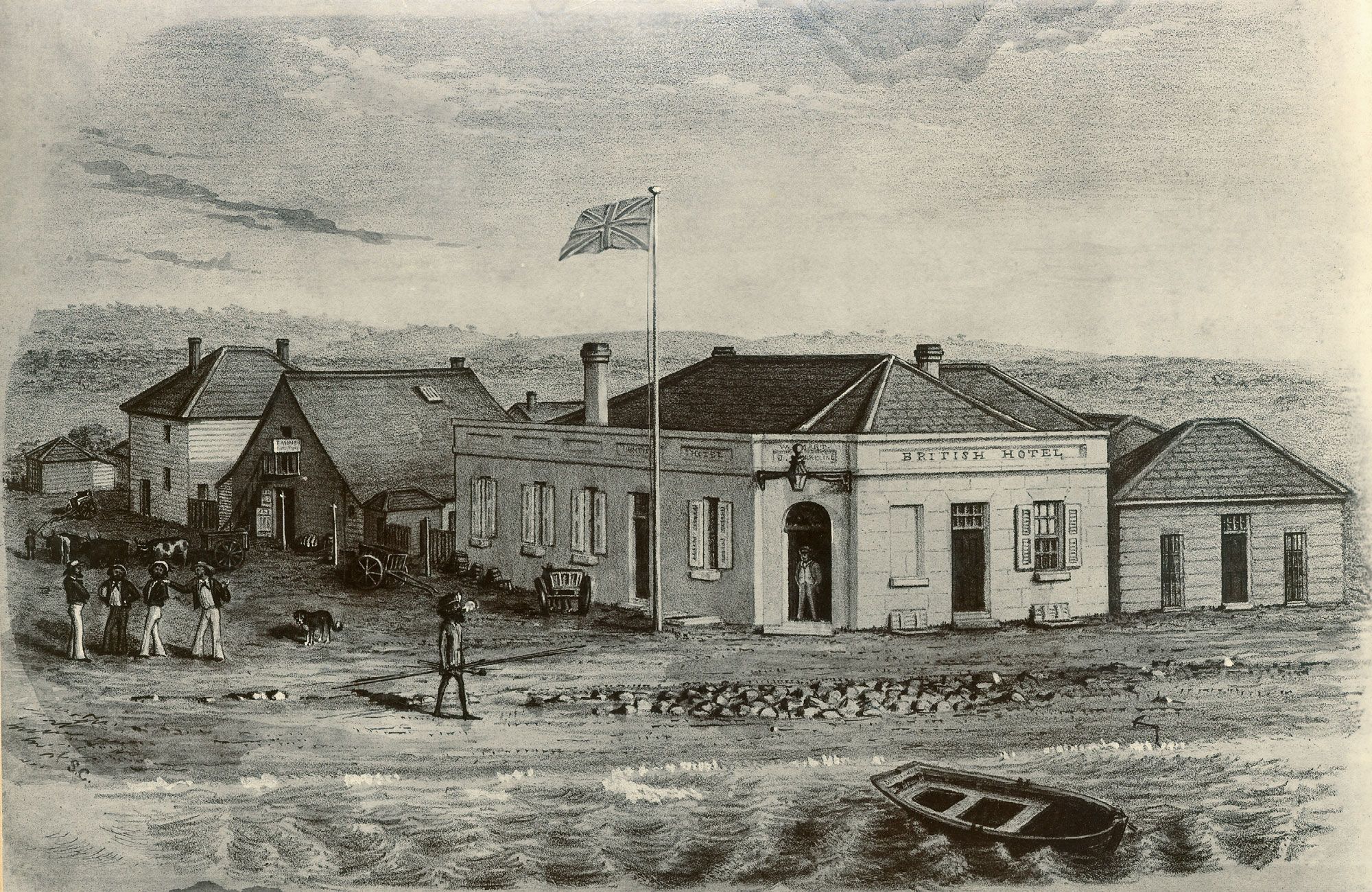 A photographic copy of a painting of the British Hotel at Port Adelaide painted by Samuel Calvert approximately 1850. SLSA: B 510 