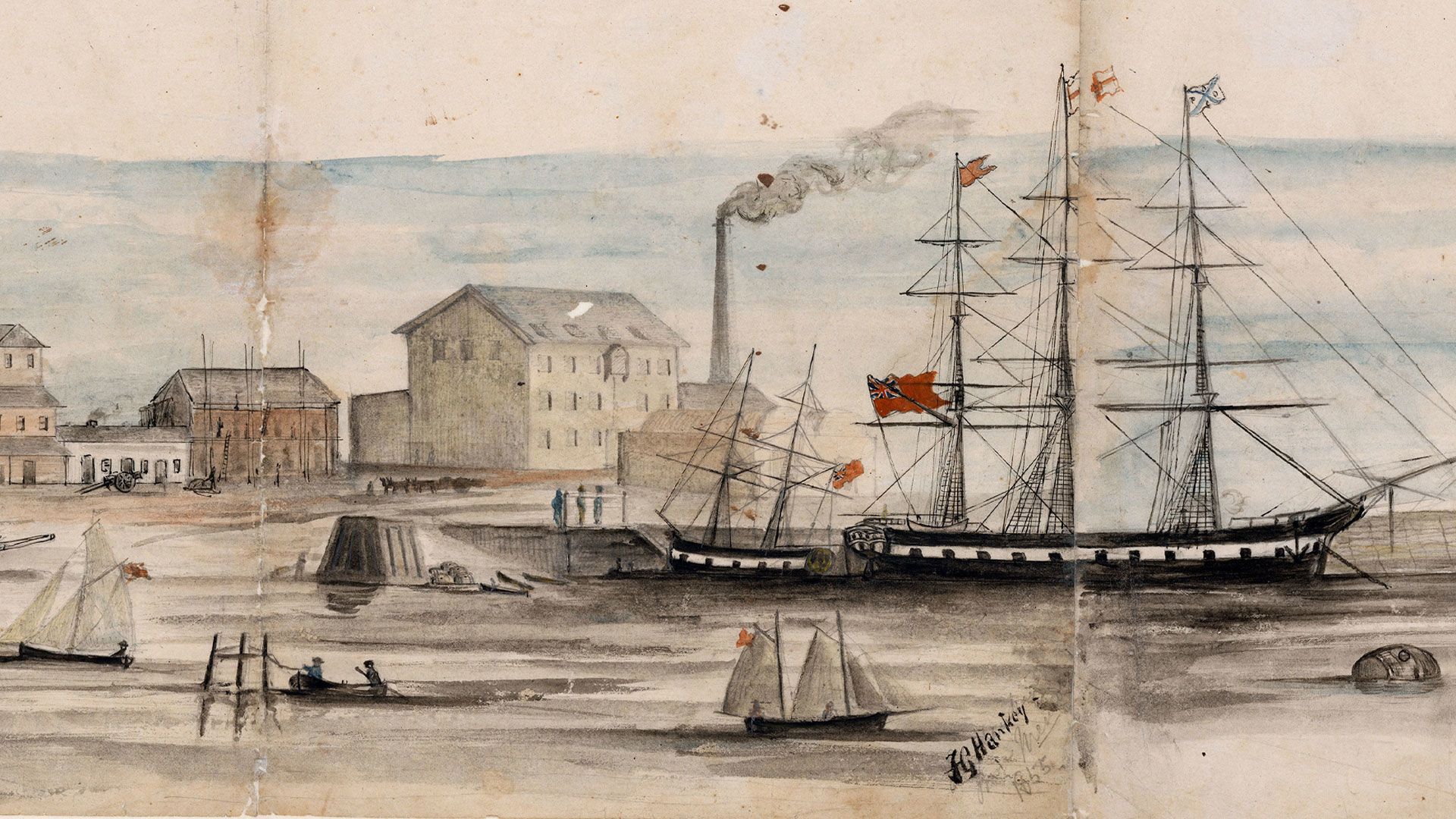 Panorama of the Port River and North Parade, Port Adelaide, 1855. By Francis George Hankey. SLSA: B 78677