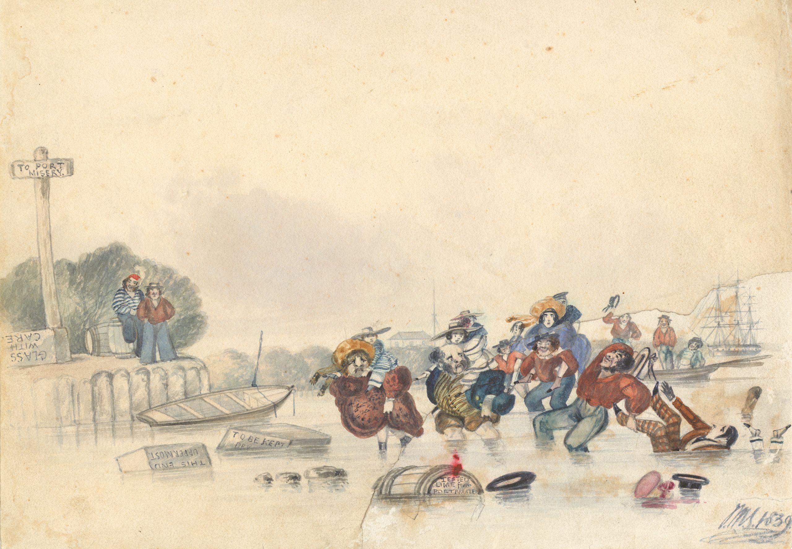 Painted by John Michael Skipper in 1839, this watercolour on paper sketch depicts pioneers being carried on the backs of sailors through the shallow waters of Port Misery, the original port, which later moved to Port Adelaide, as they land for the first time in South Australia. SLSA: B 1212 