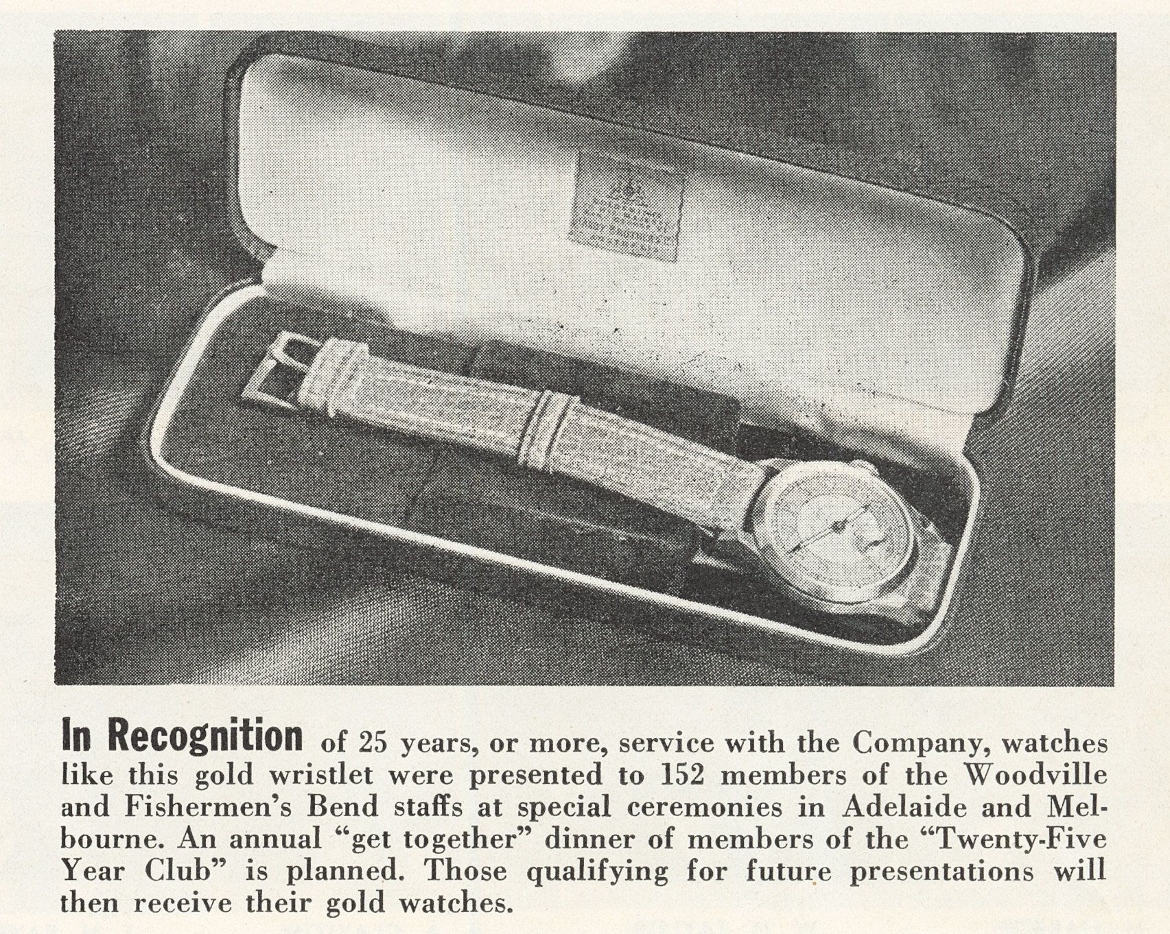 An  image of a gold watch presented to members of the 'Twenty-Five Year Club' featured in Holden's People magazine. SLSA: BRG 213/92/03/8-9