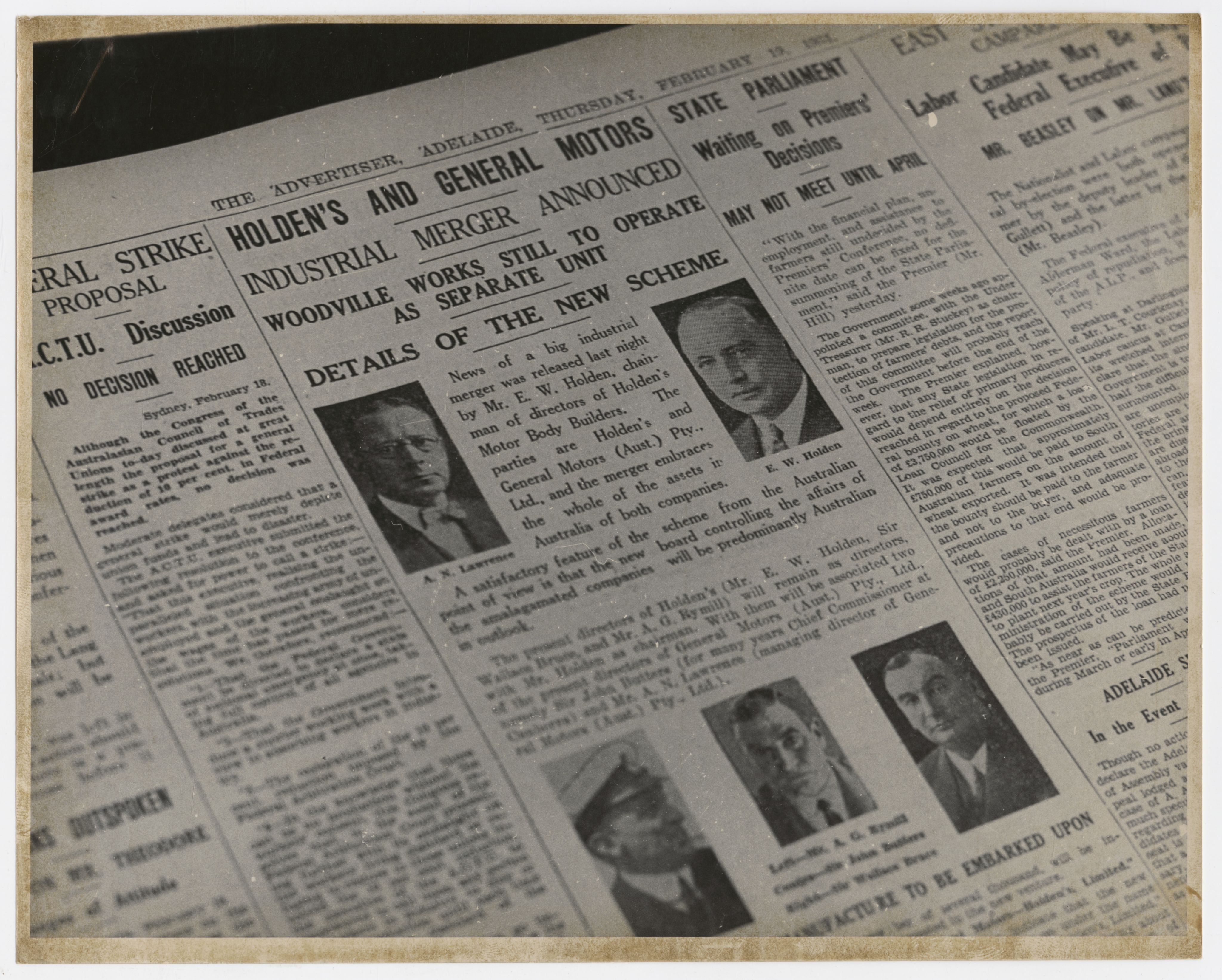 'Holden's and General Motors, industrial merger announced', Advertiser, 19 February 1931